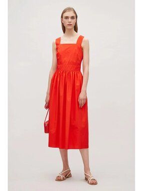 COS Red Shoulder Strap Midi Dress Cotton Pockets Size 2